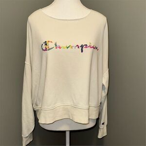 Champion Women’s Cream Colored‎ Crew Neck Sweatshirt Floral Logo Athleisure L
